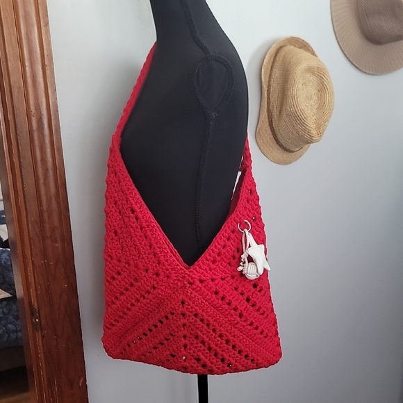 Handmade Handbags - Handmade Red Crochet Shoulder Bag With White Star Bag Charm
